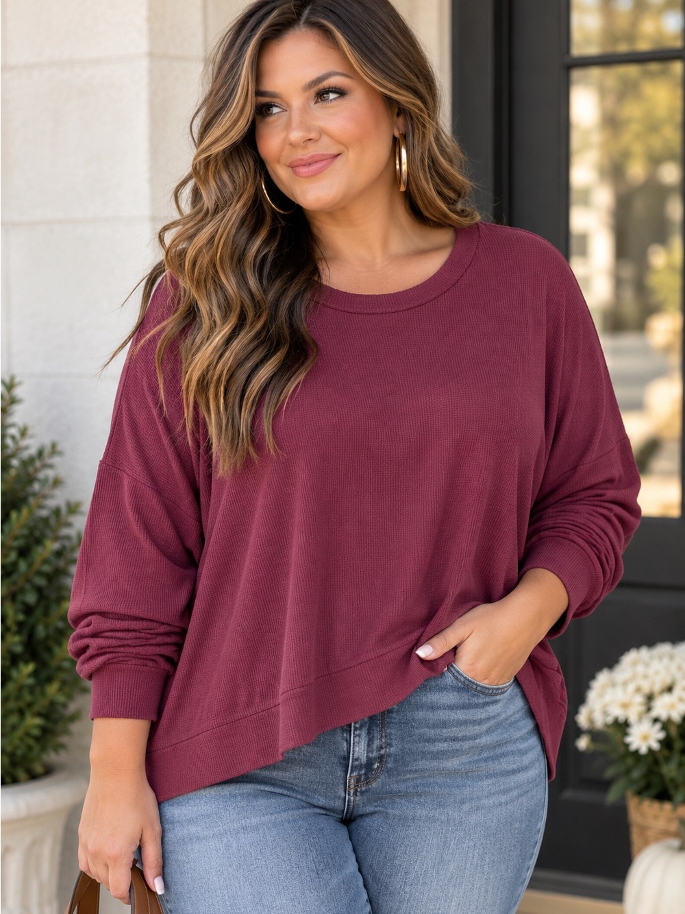 Jenni Intimates Crewneck Thermal Waffle Knit Pullover Loungewear Top Large